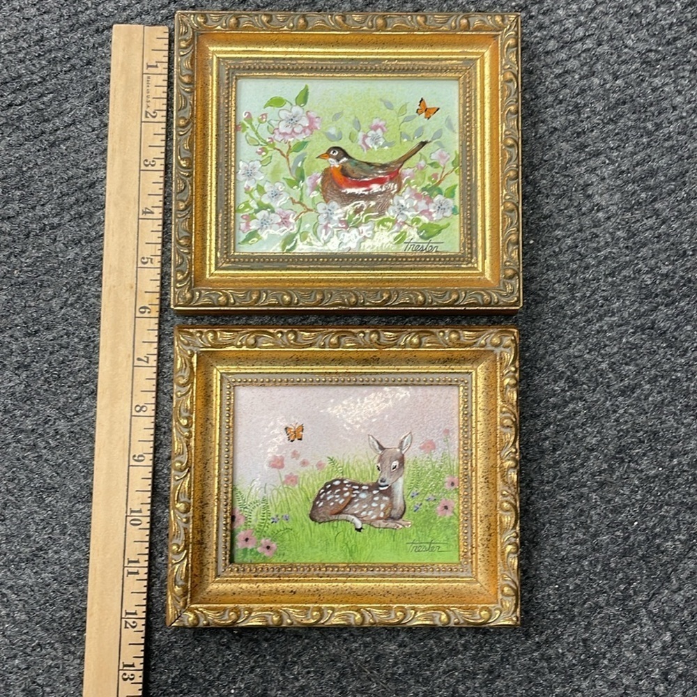Vintage Lorraine Trester Enamel-on-Copper Baby Dear Bird Sweet Floral Artwork - Picture 5 of 6